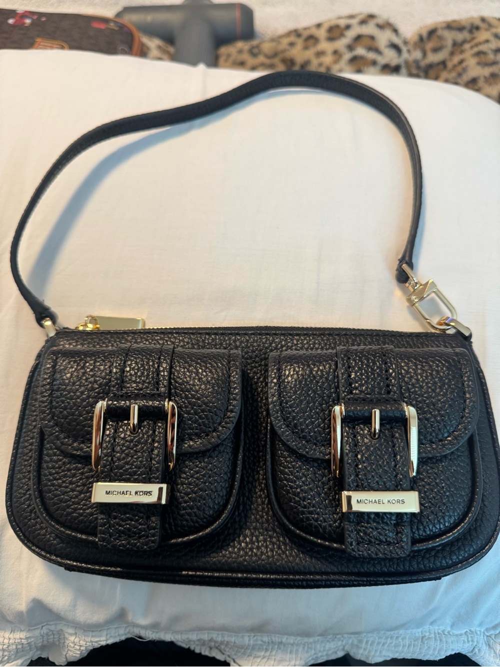 Michael Kors Zoe Black Pebbled Leather Shoulder Bag with Gold Hardware